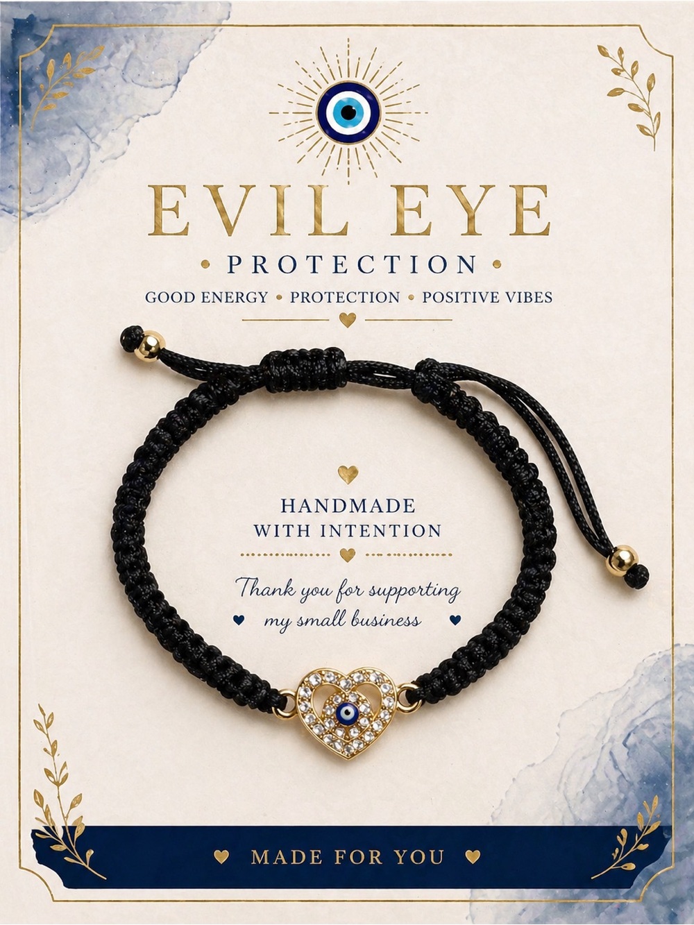 Evil Eye Protection Heart Bracelet - Black and Gold